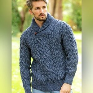 Original Aran NWT 100% Merino Wool Shawl Neck Sweater Navy sz MD